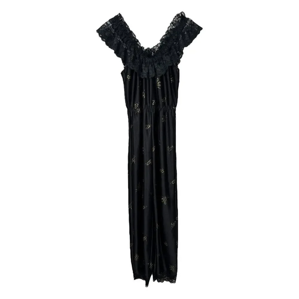 Vintage 70s Dolores For Poirette Black Sleepwear Jumpsuit Medium Lace Gold Satin - Picture 1 of 8